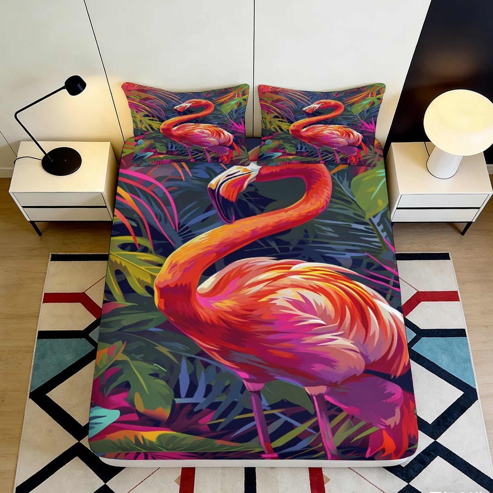 3D Printed Flamingo Jungle Fitted Sheet Microfiber Vibrant Tropical Bed Cover for Bedroom Guest Room Mattress Protection 90x200x25cm