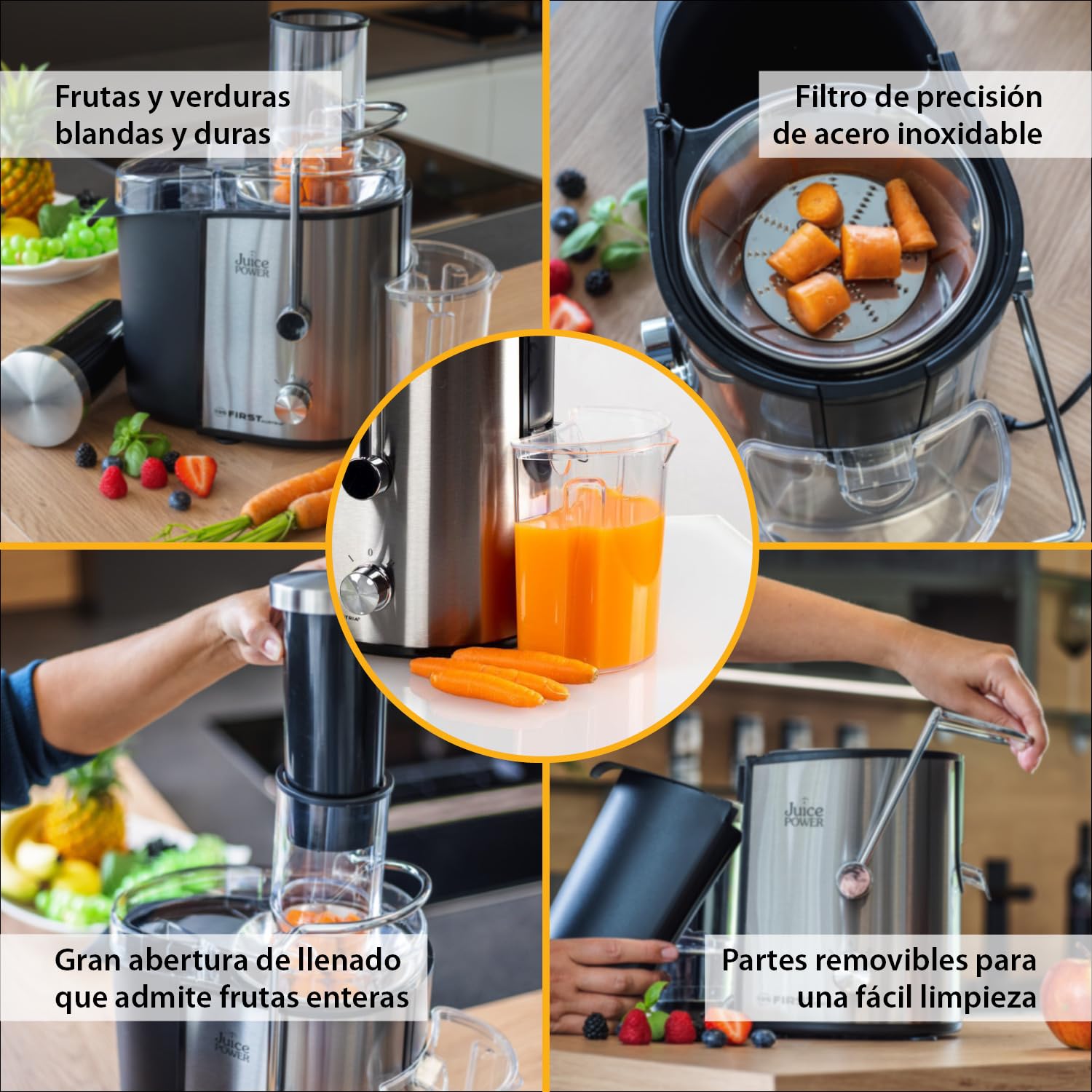 TZS First Austria Exprimidor | 800 W | 750 ml | Boca de llenado XXL | 2 velocidades | Fácil limpieza | Filtro de extracción de acero inoxidable | Patas antideslizantes