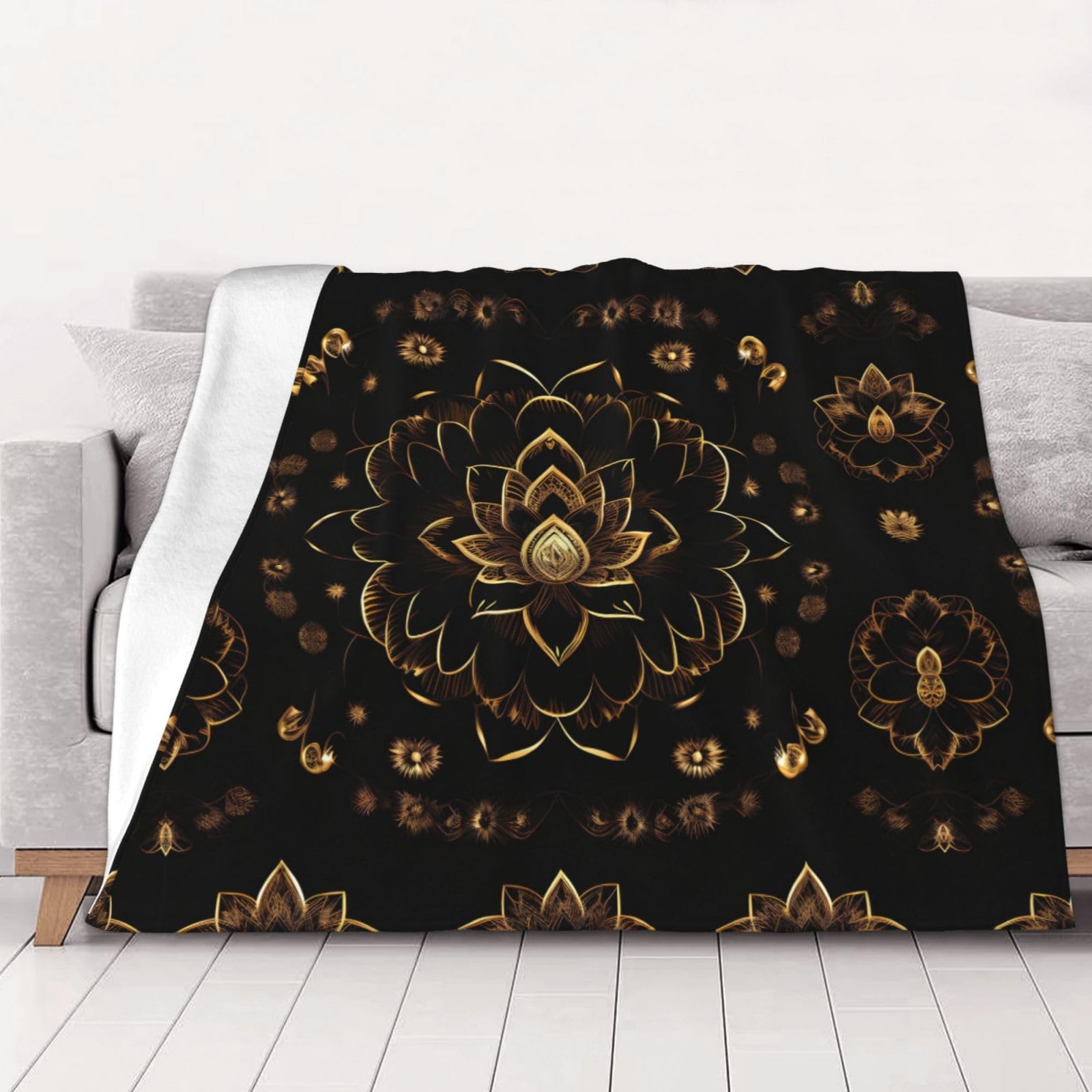 Couverture flanelle plaid lit canapé toutes saisons lotus dorés