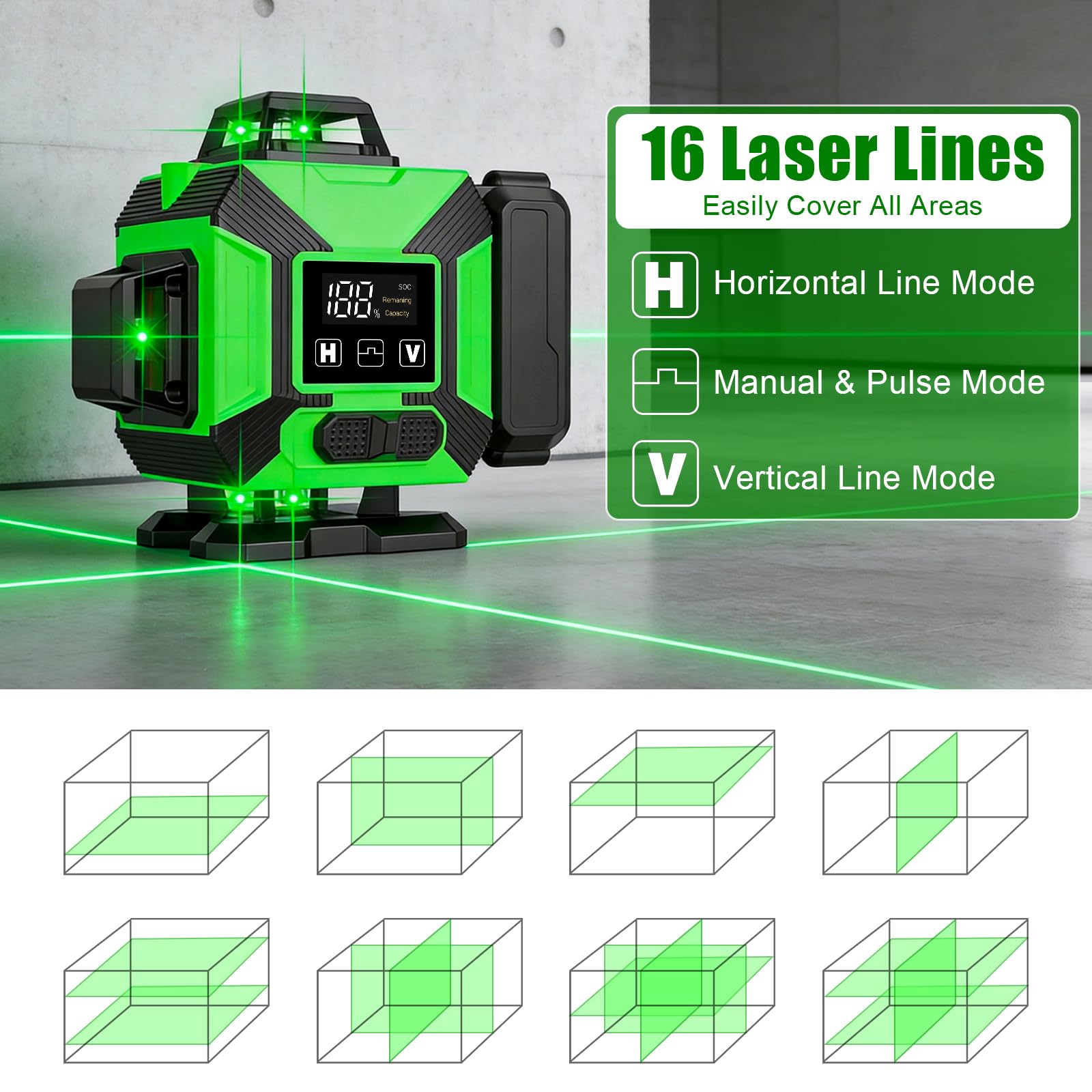 Livella Laser Autolivellante con Treppiede, 4 x 360° Laser a Linee Incrociate, Livella Laser Verde Regolabile Luminosità, Dispositivo di Livellamento con 2 x 3600 mAh Batteria per cantieri Interni DIY