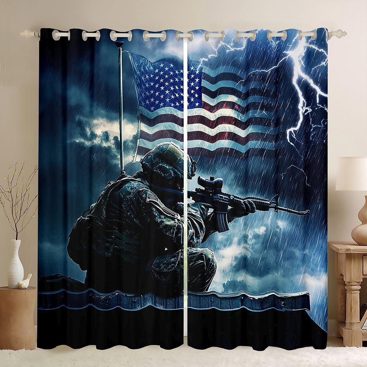 Camo Soldier Window Curtains Boys Teen Military Camouflage Vintage American Flag Curtains Blue Lightning Retro Usa National Flag Window Treatments for Adult Kids Men Bedroom Decor, 2 Panels 38"X45"