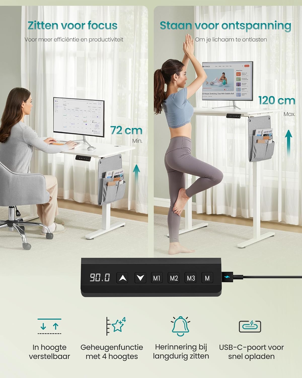 Illustrates the desk in sitting (72 cm) and standing (120 cm) positions, highlighting the control panel with memory presets and USB-C port.