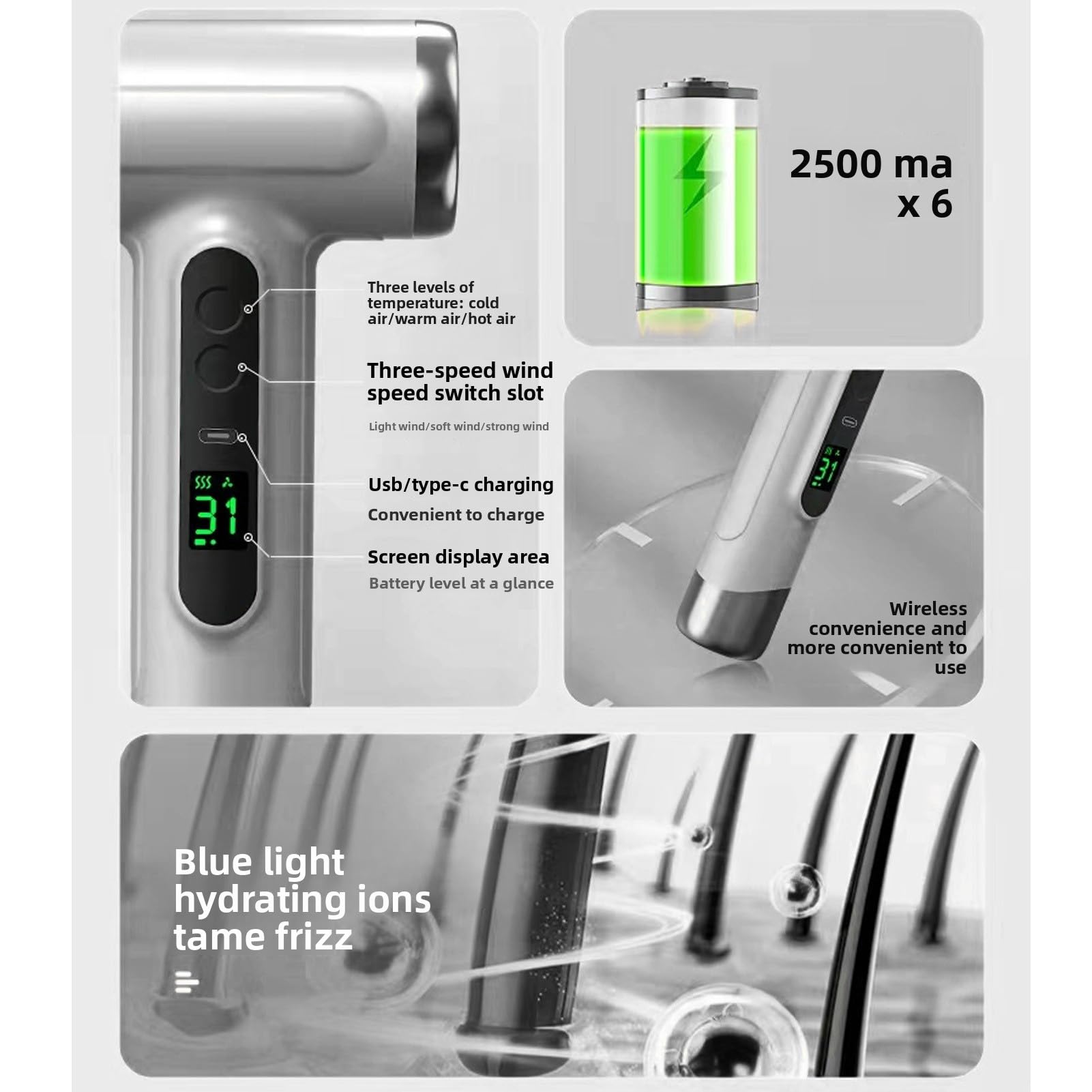 Greensen Secador de Pelo Portátil, Secador de Pelo Inalámbrico con Batería Recargable USB de 15600mAh y Potencia de 200W, para Uso en Viajes, Exterior y Hogar