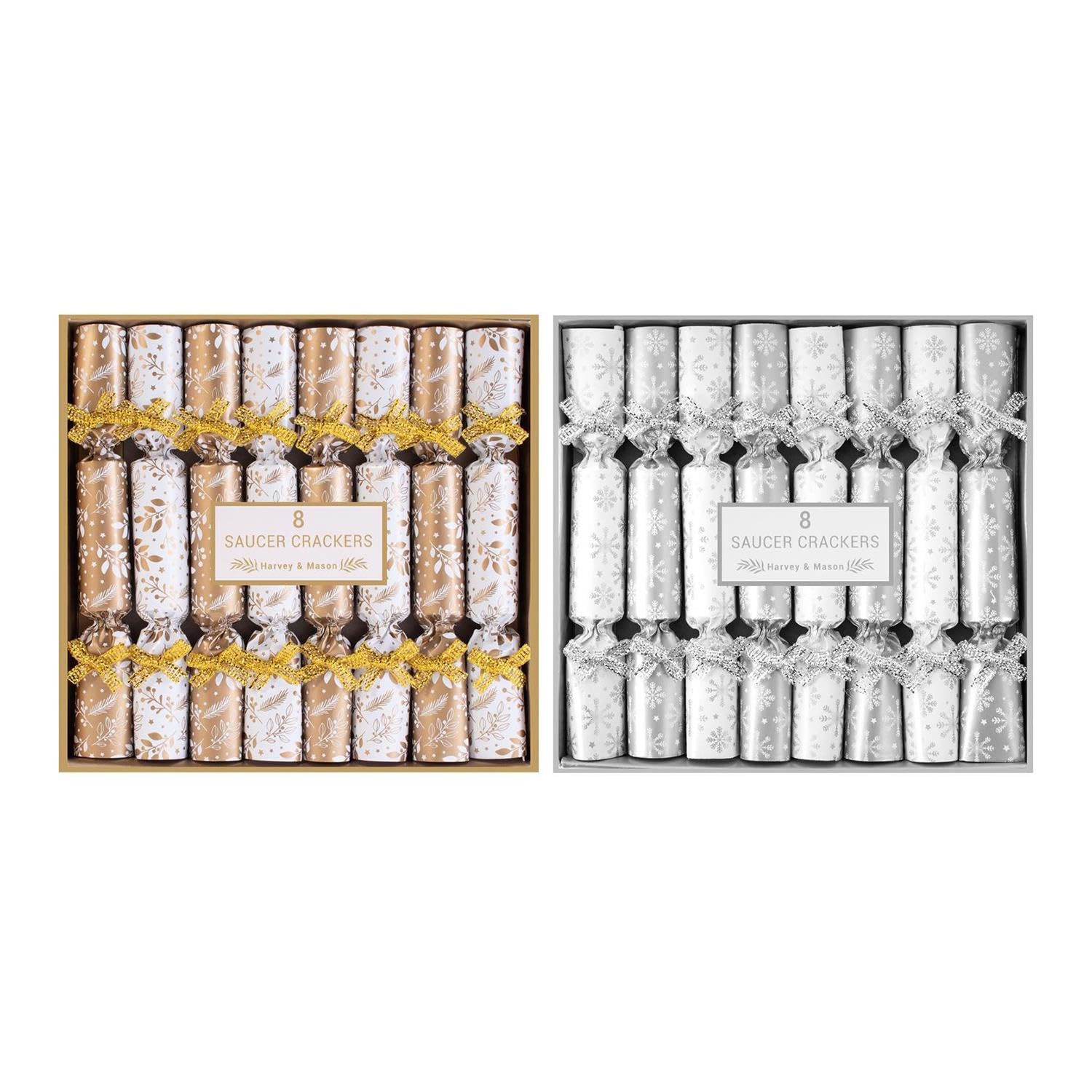 Yöl Gold+ Silver 16 Mini Saucer Christmas Crackers Afternoon Tea Breakfast Xmas Table Gold Silver Party Floral Snowflake