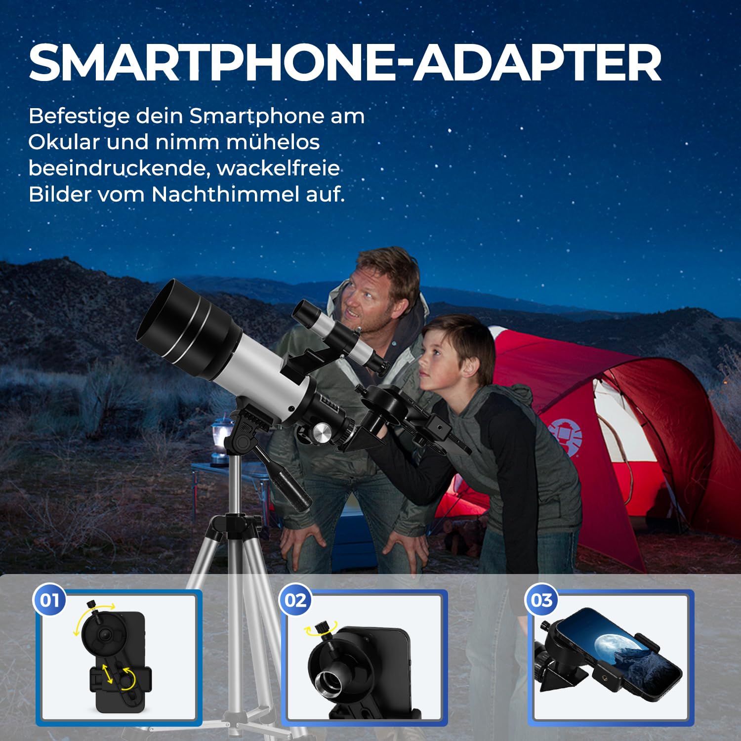 ESAKO Teleskop für Kinder & Einsteiger, 70mm Blende Tragbares Teleskop Astronomisches Linsenteleskop mit Ausziehbarem Stativ, Telefonhalterung, Mondfilter