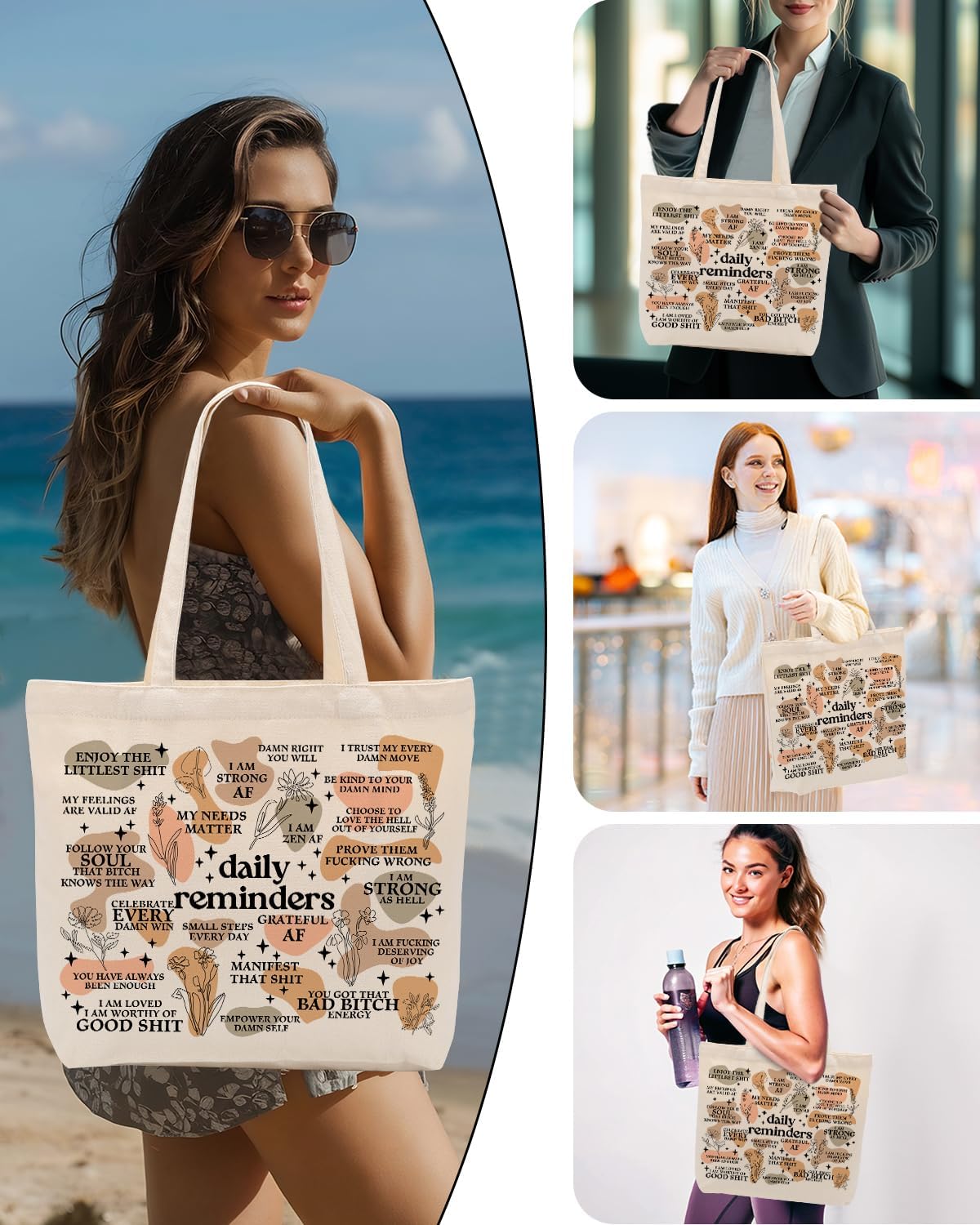 Self Love Daily Affirmations for Women, Inspirational Mom Teacher Nurse Christian Gifts Canvas Tote Bag with Pocket - Image 6