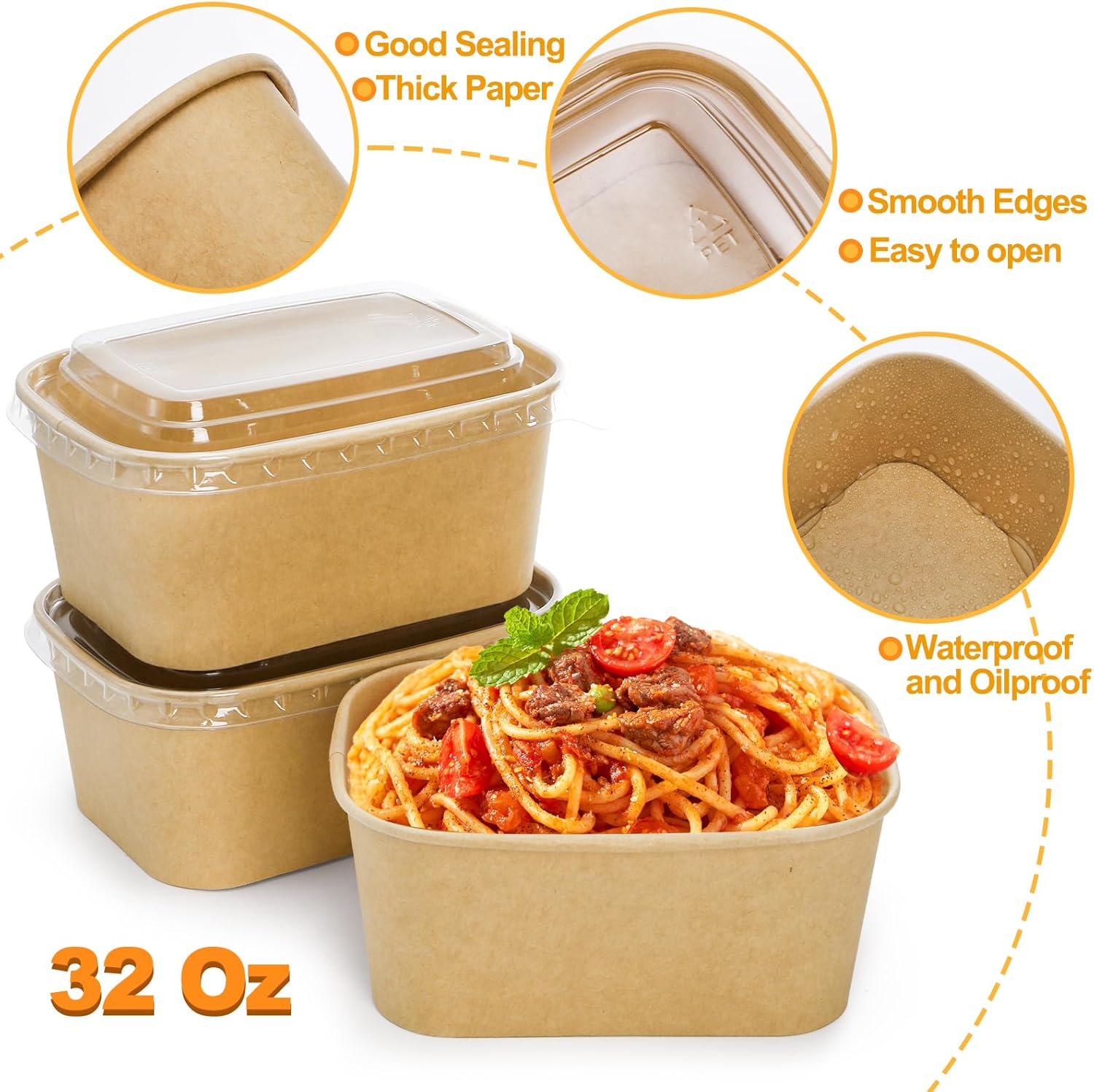 Yesland 50 Pack Compostable Rectangular Kraft Paper Bowls,32 Oz Disposable Cardboard Meal Prep Container with Lid, Microwave & Freezer Safe, Reusable, for Take-Out, Office Lunch, Picnic - Image 3
