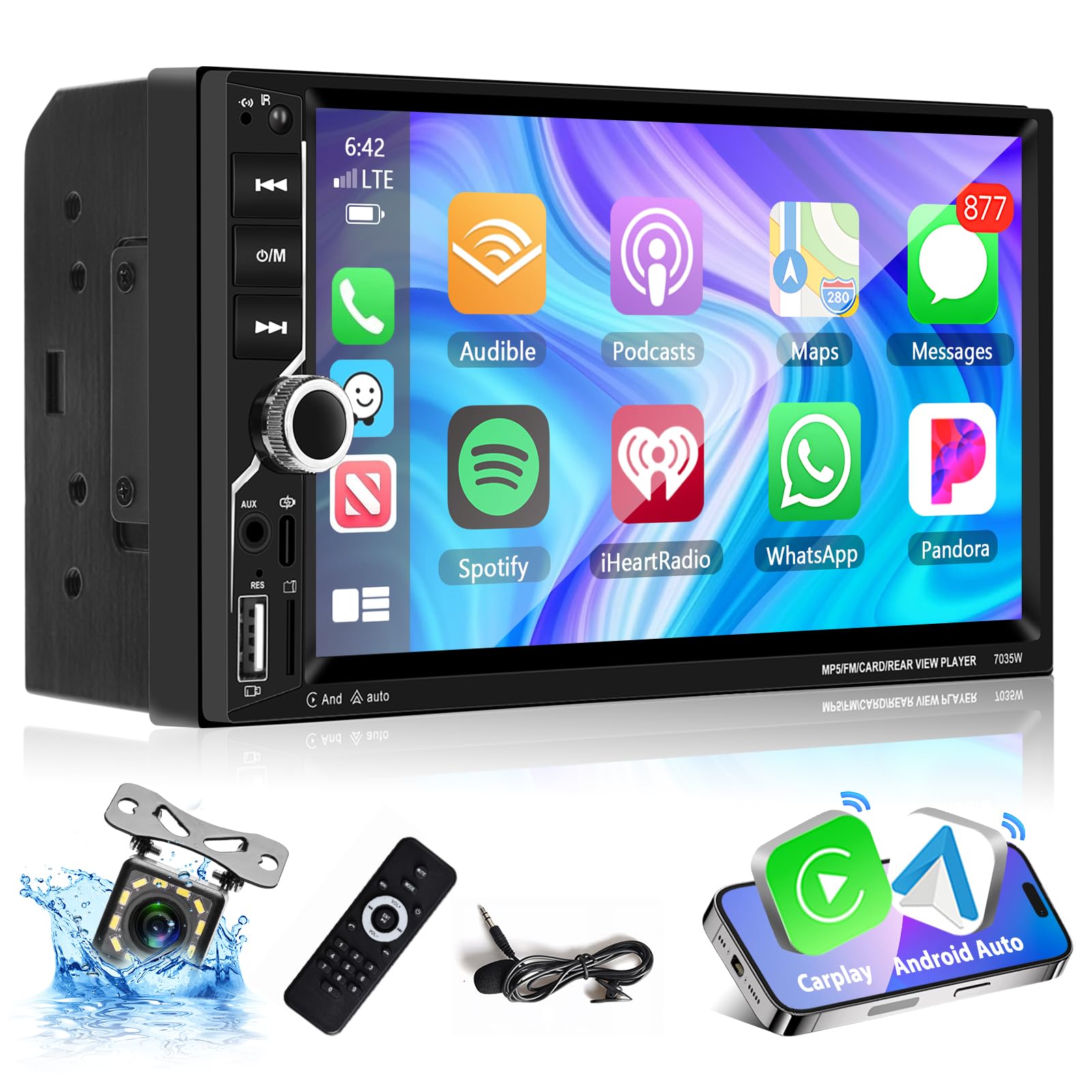Podofo Carplay 2 Din Autoradio Wireless Android Auto, 7 Pollici HD Touchscreen Bluetooth Car Radio, Stereo Auto Support MirrorLink/FM/USB/AUX/Carica/Remote Control/7 Colore Backlight + Rear Camera