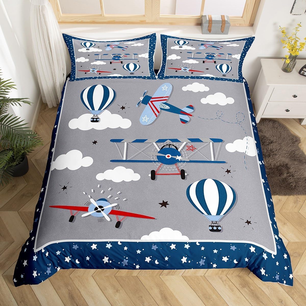 Kids Cartoon Airplane Duvet Cover Double Size,Navy Stripes Hot Air Balloon Aircraft Comforter Cover for Adults Kids Bedroom Decor,Cloud Starry Moon Chic Grey Bedding Set 2 Pillowcases,No Comforter