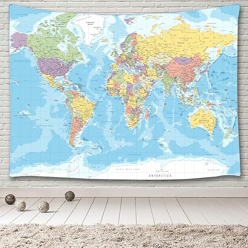 Vista 2 de TOMOZ Tapiz de mapa del mundo para colgar en la pared para niños y estudiantes, mapa del mundo con países y ciudades principales, tapiz educativo