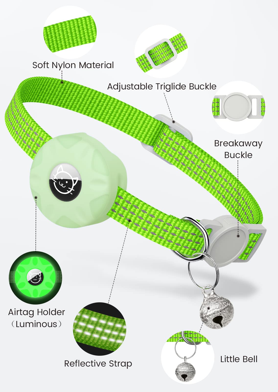 AirTag - Collar reflectante para gato, collar de gato Apple Air Tag, collar de gato GPS con soporte para AirTag y campana, collares ligeros para gatos y cachorros (verde luminoso)