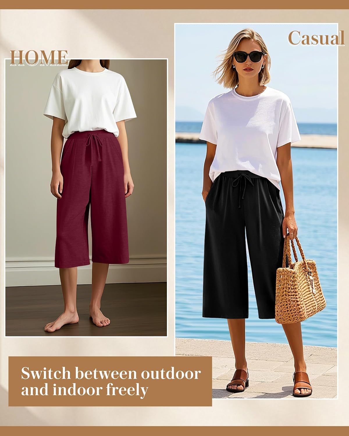 3 Pack Women's Capri Pants, Casual Wide Leg Yoga Pants High Waist Drawstring Cropped Lounge Trousers with Pockets - Image 6