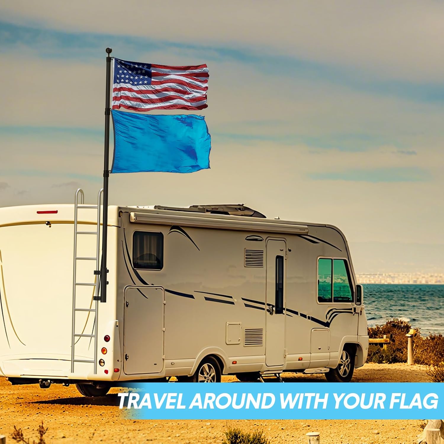 RV Flag Pole Holder, Aluminum RV Ladder Mount, Fits Flagpoles 1" to 2" Diameter, Durable Heavy Duty Flag Stand, Ideal for Camper Travel Trailers & Outdoor Accessories