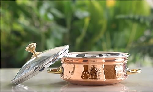 Miniatura 3 de IndianArtVilla - Cuenco de acero y cobre con mango de latón y tapa de vidrio, sirve platos indios, 10 onzas