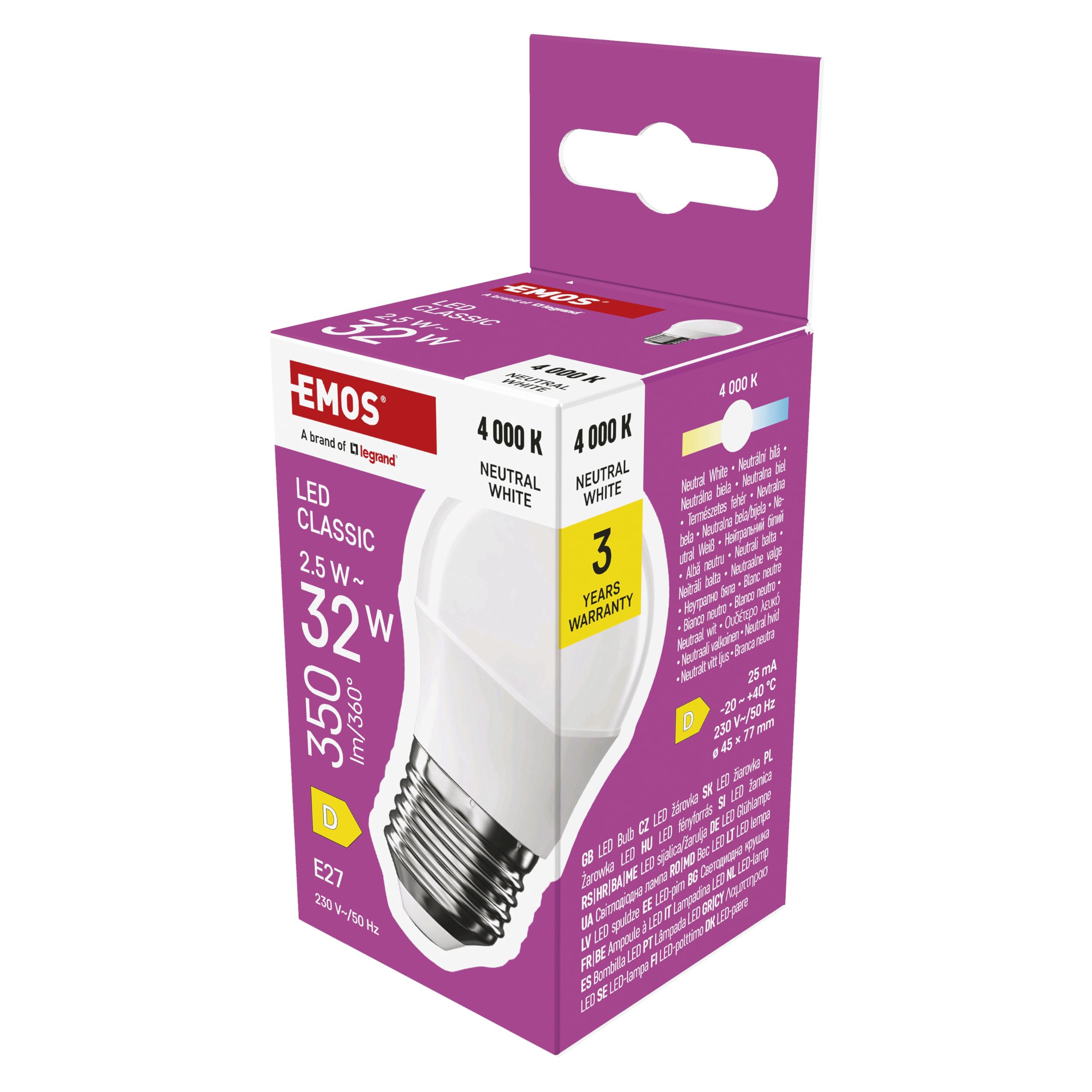 Emos Neutral White Led Light Bulb Mini Globe, 2.5 W Replacement For 32 W Light Bulb, Small Bulb With E27 Socket, Brightness 350 Lm, 4000 K, 30,000 H Life, Cri Min. 80, 150° Beam Angle