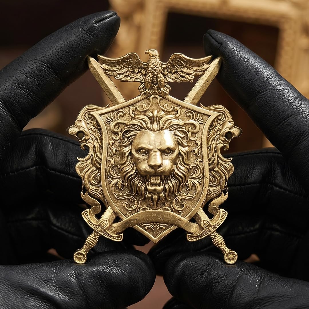 Royal Lion Shield Brooch for Men, Antique Gold Finish, Heraldic Crest Pin with Eagle and Crossed Swords-image-8