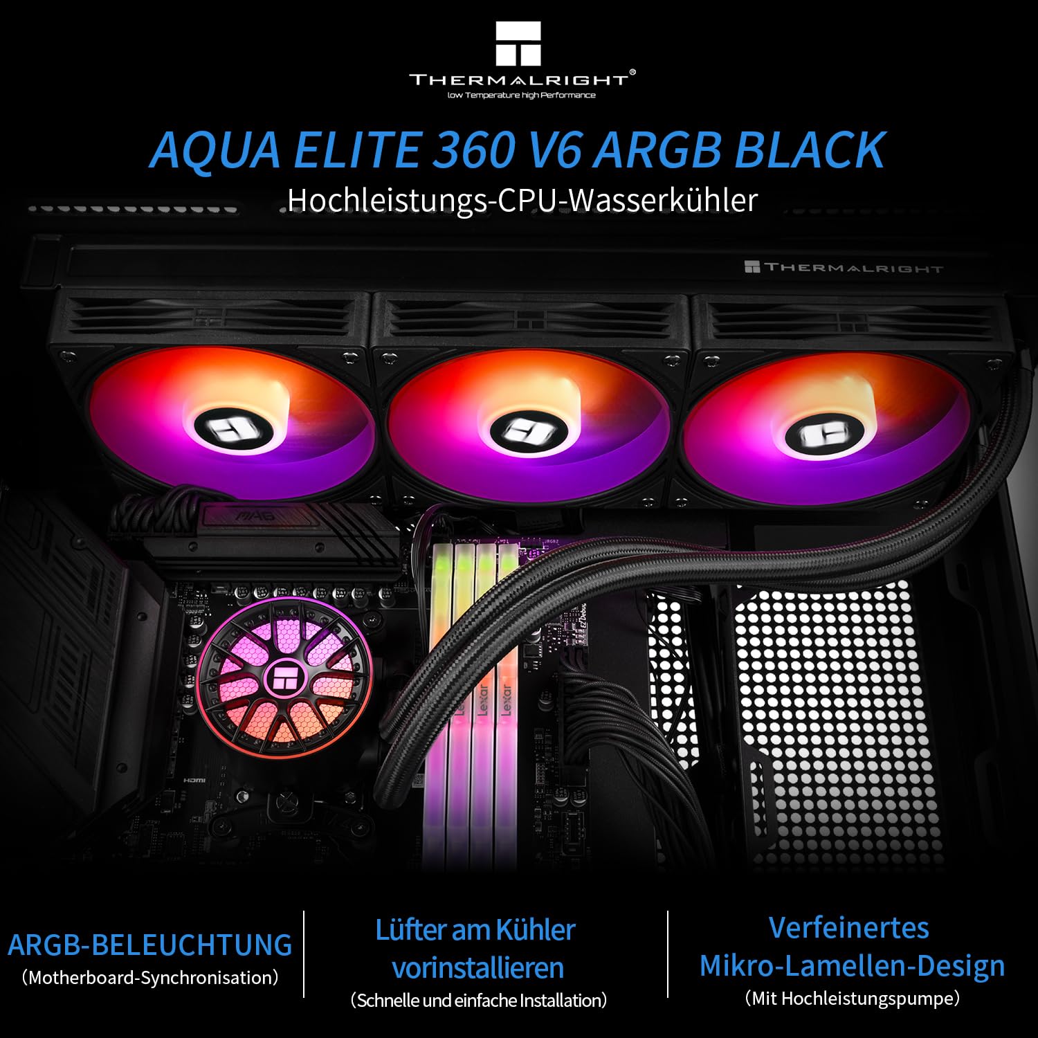 Thermalright AQUA ELITE 360 V6 ARGB Black CPU enfriador líquido de CPU, tamaño de fila de refrigeración 360, radiador de agua de 3 x 120 mm, AMD: AM4/AM5, Intel LGA115X/1200/1700/1851, enfriador
