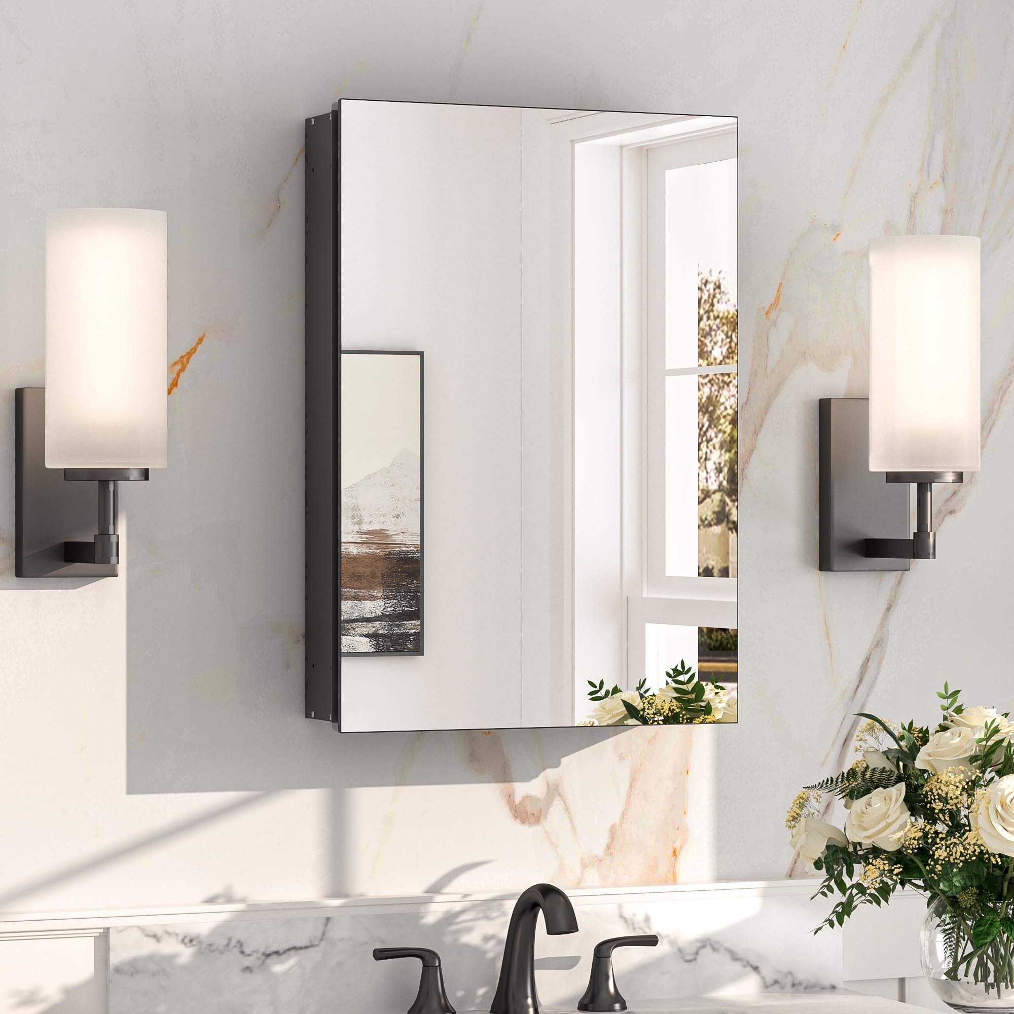 Keonjinn Black Medicine Cabinet for Bathroom with Mirror 16 x 24 Inch, Assembly Required, Lightweight, Tempered Glass, Free Adjustable Shelves,