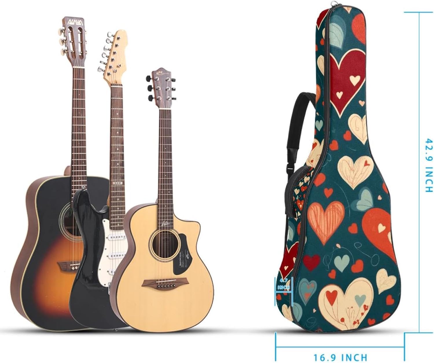 Acoustic Guitar Bag 0.4 Inch Thick Padding Waterproof Guitar Case Gig Bag for 40 41 42 Inch Electric Bass Classical Guitar, Cute Hearts Pattern