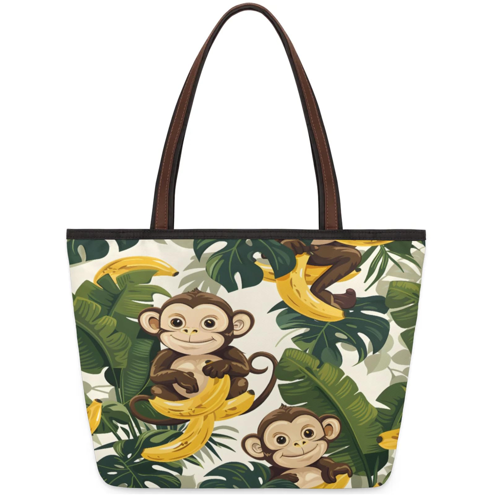 Cute Monkey Banana Tote Bag Multi Pocket Zippered Beach Bag Lightweight Waterproof Handbag for Women Men Work Gym Travel Swimming Yoga Grocery Shopping L
