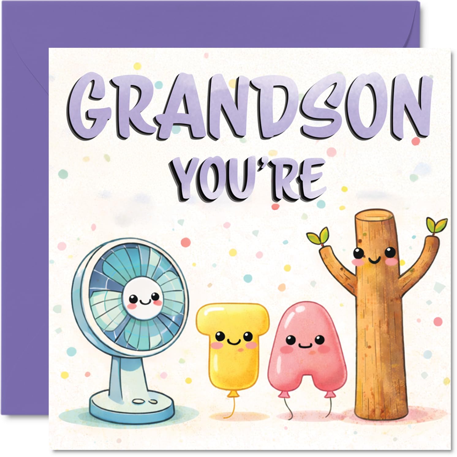 Cute Birthday Card for Grandson - Bursting with Cheer - Playful Cute Characters in Pastel Purple - Whimsical Design Sure to Delight Your Grandson - 145mm Square, Envelope Included