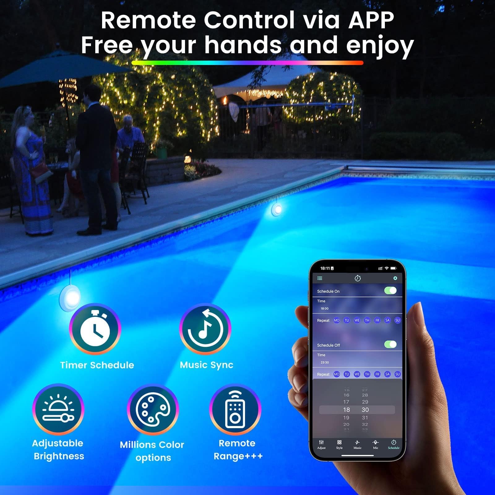 LyLmLe 20 W - Illuminazione a LED senza fili, 12 V luci per piscina sommergibile con controllo APP, dimmerabile, IP68, impermeabile, lampada magnetica con 8 m cavo per piscina fuori terra