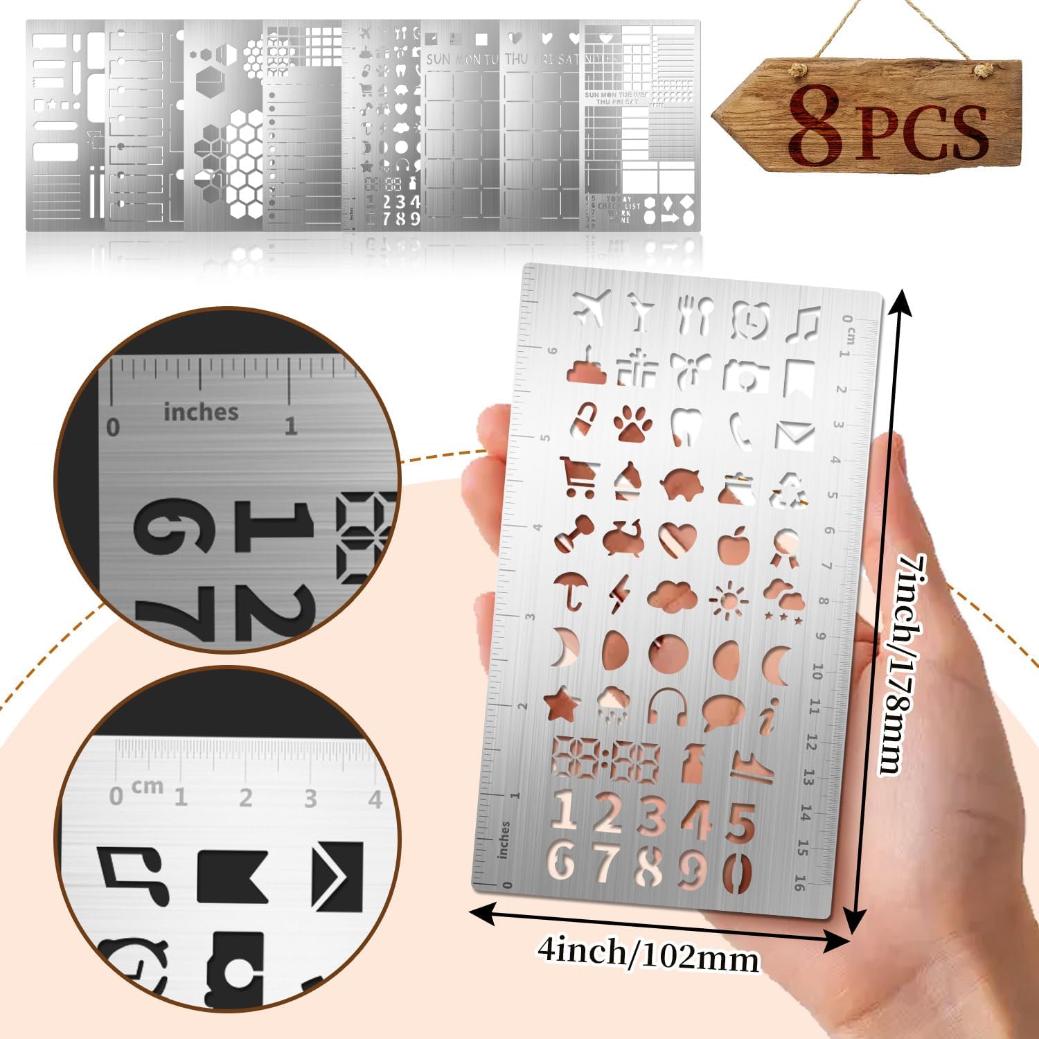 Eageus 8 Pcs Metal Stencils Wood Burning Stencil Lettering Stencils for Journaling, Reusable Painting Template for Wood Carving Drawing Engraving Journal Craft DIY(Journal Style)