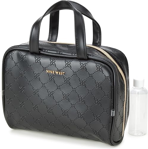 Miniatura 3 de NINE WEST Bolsa de maquillaje negra Organizador de cosméticos Esenciales de viaje Weekender Patrón de celosía de cuero sintético