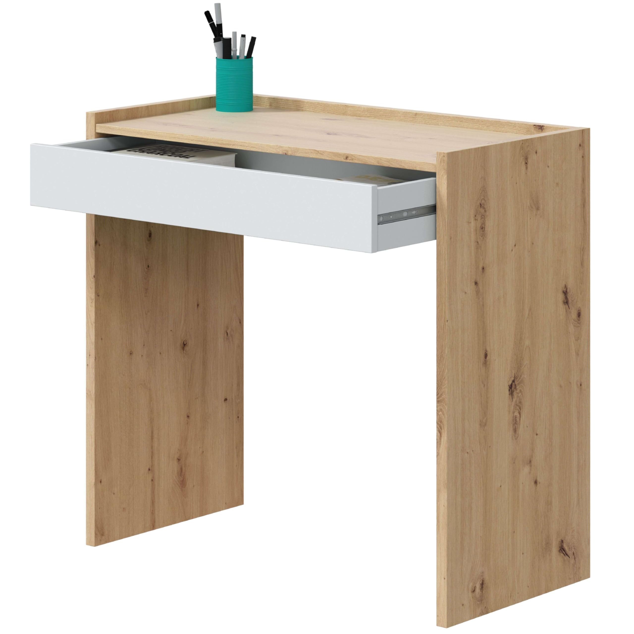 Habitdesign Weiß (Artik Y Eiche Nodi) Schreibtisch Mit 1 Schublade – Kompakter Bürotisch In Artik Weiß Und Nodi-Eiche, Maße: 40 X 77 X 81,5 Cm (B X H X T), Ideal Für Homeoffice Oder Arbeitszimmer, Modell Noa