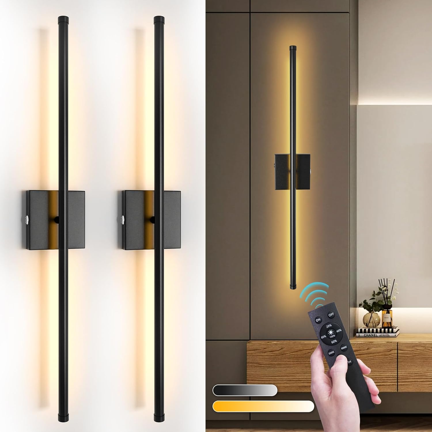 Wall Sconces Set of Two Battery Operated, Cordless Rechargeable Wall Sconces with Remote Control, Dimmable, 360°, 28 Inch, 3 Color, 3000K-6000K, Wall Light for Bedroom, Living Room, Hallway