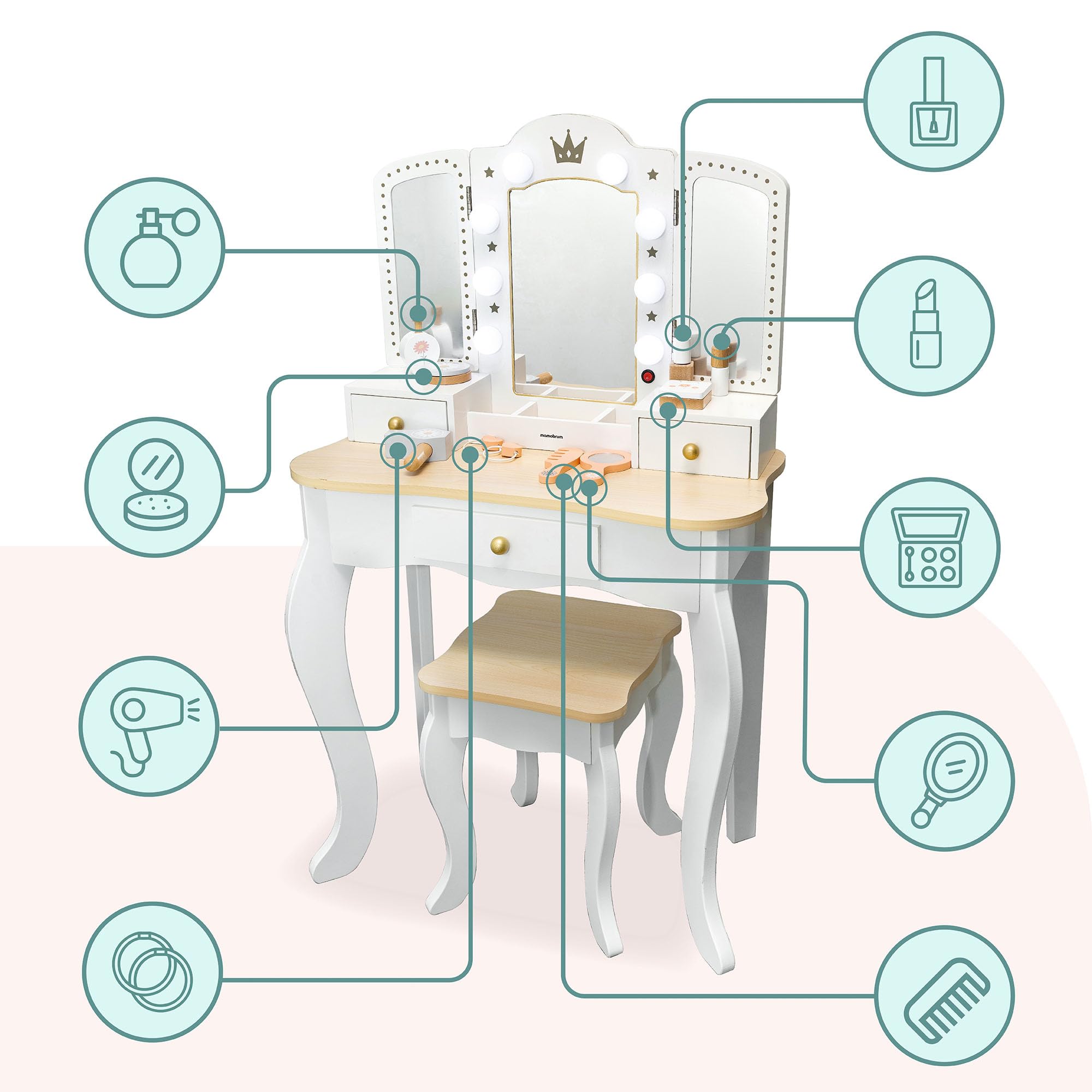 Mamabrum Coiffeuse en Bois pour Enfants 3+, XXL avec Tabouret et éclairage LED, Miroir à 3 Ailes, Grand tiroir, Accessoires, Maquillage de rôle, Structure Solide, Transformable en Bureau