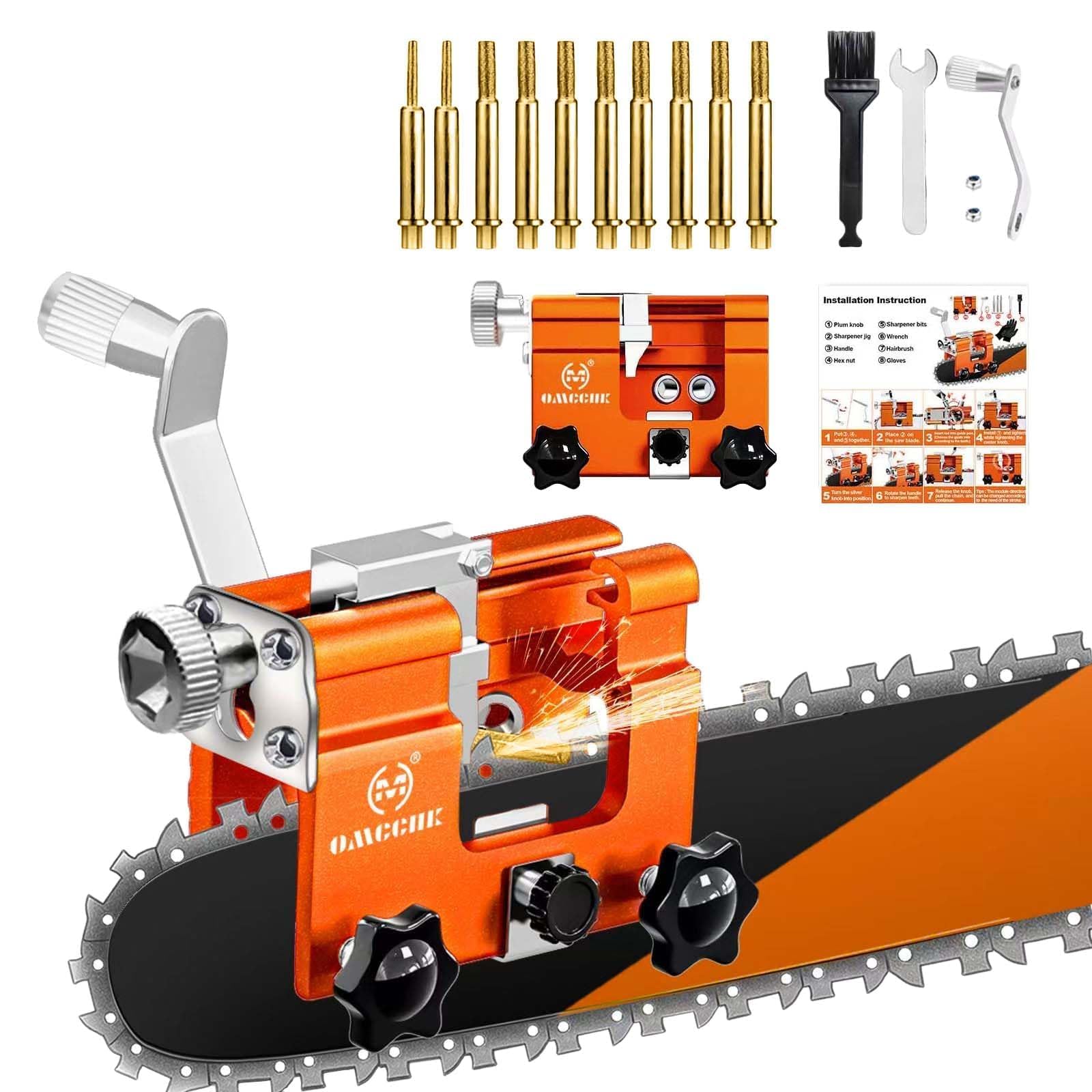 OMCCHK Portable Chainsaw Sharpener Jig with Cleaning Brush. Universal Chain Saw Sharpener Kit with 10 Diamond Burrs. Manual Hand-crank Chainsaw. Blade Sharpenr for 4-22" Chain Saw