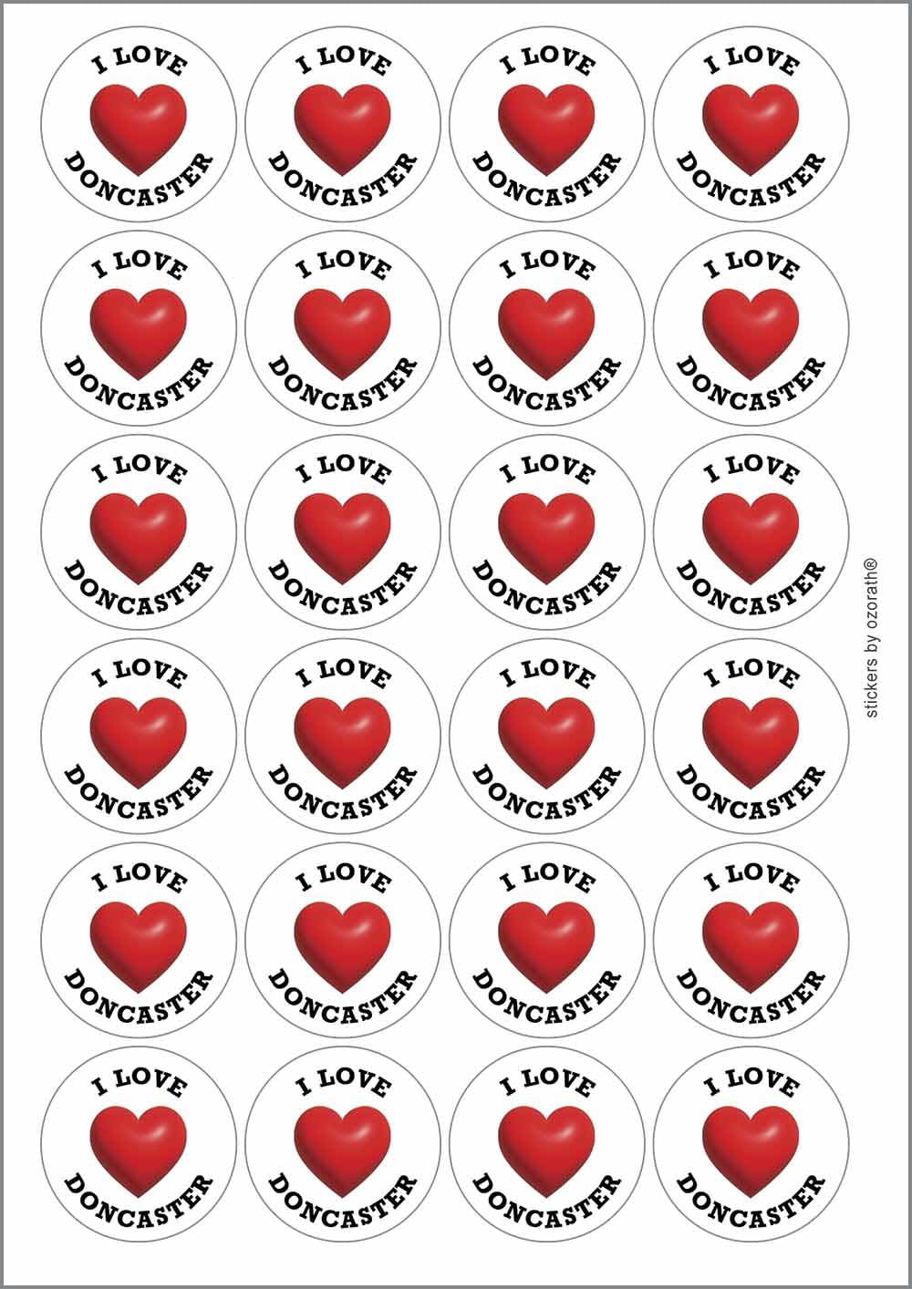 I Heart Love Doncaster Location Circular Matt Paper Stickers A4 Sheet of 24 (Each Sticker is 45mm Diameter)