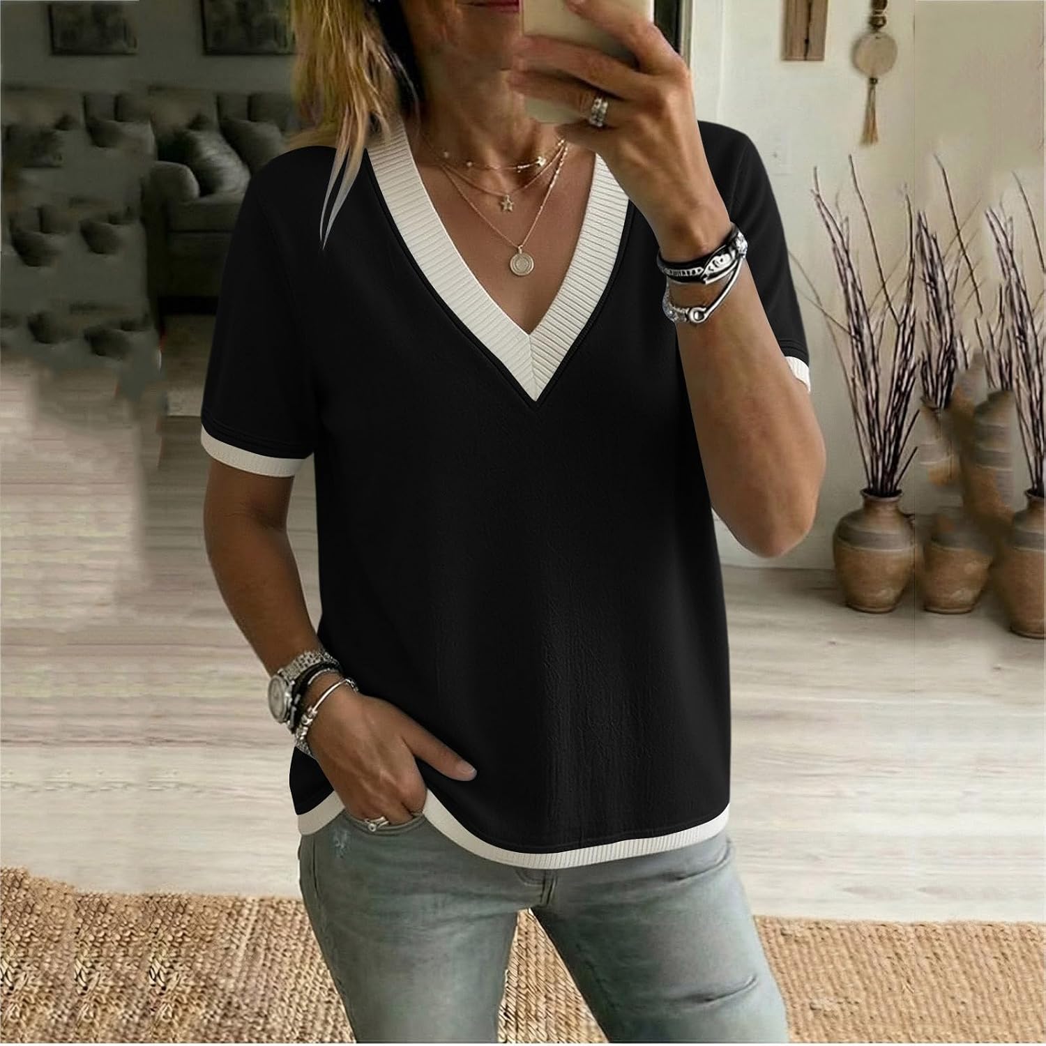 Womens Summer Tops V Neck Short Sleeve Color Block Casual Shirts Spring Fashion Loose Fit Clothing Comfy Basic Tee