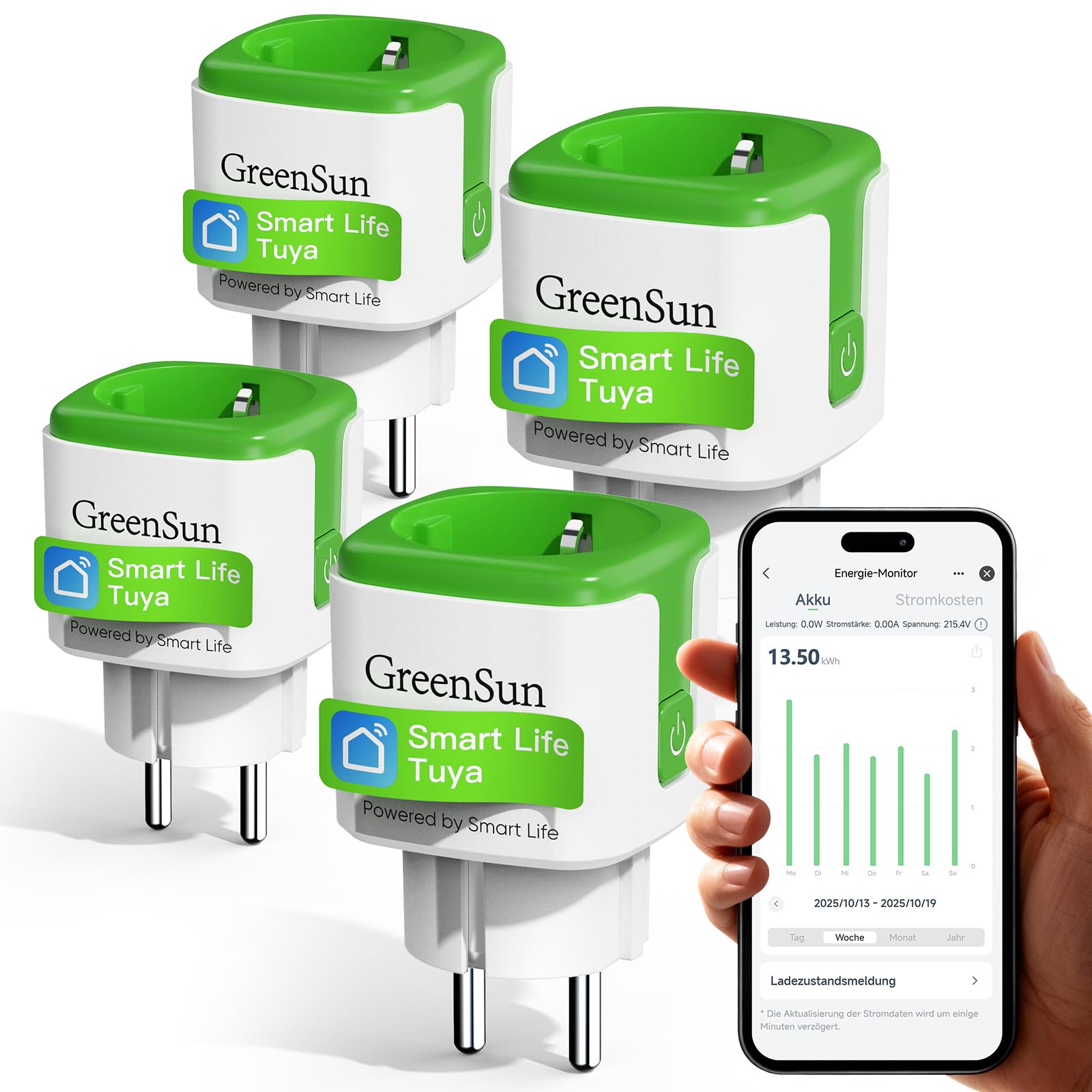 GreenSun Stromzähler für Steckdose WLAN Smart Steckdose mit Zeitschaltuhr und Strommessung, kompatibel mit Smart Life & Tuya App, Alexa & Google Sprachsteuerung, 16A 2,4 GHz, 4er-Pack