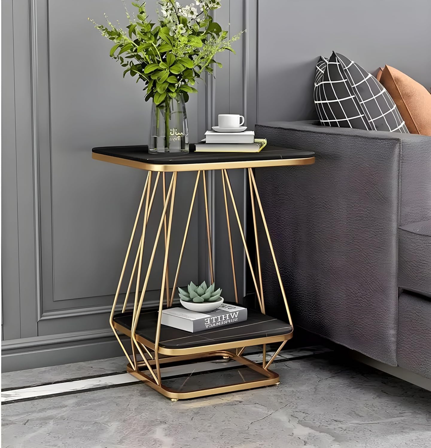 Vemptico Stylis 2 Tier Coffee Table Snackes Tea Table Marble Look End Table Sofa Side Bed Side Table for Living Room Bedroom Drawinng Room or Office (Black Gold) (B0D9FTLQL9) Amazon Price History, Amazon Price Tracker