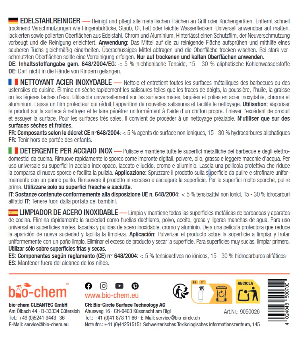 bio-chem Limpiador hornos y barbacoas de acero inoxidable, 10L | Producto en spray limpiador para parrillas, hornos, planchas, cocinas y freidoras - Limpieza del acero inoxidable