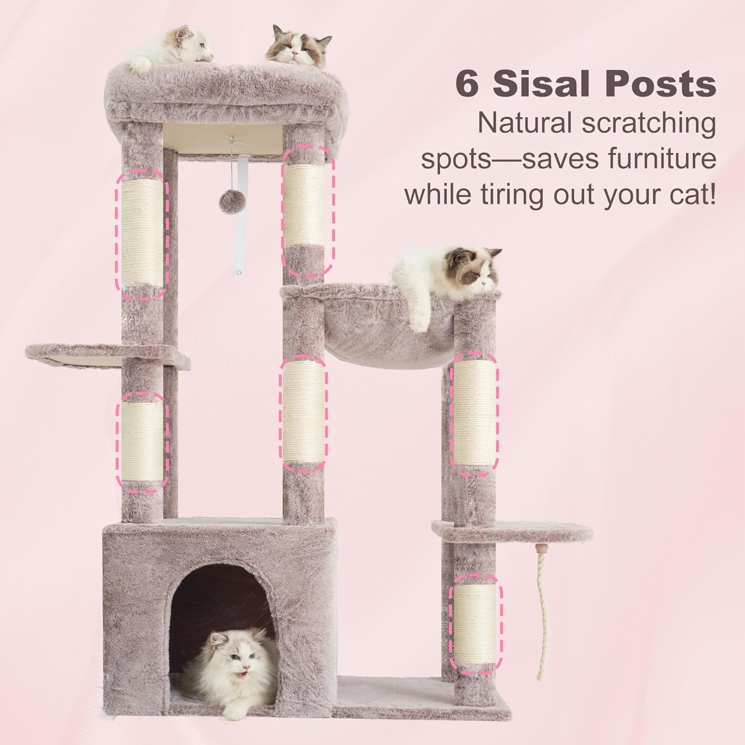 Image highlighting the sisal-wrapped scratching posts on the cat tree.