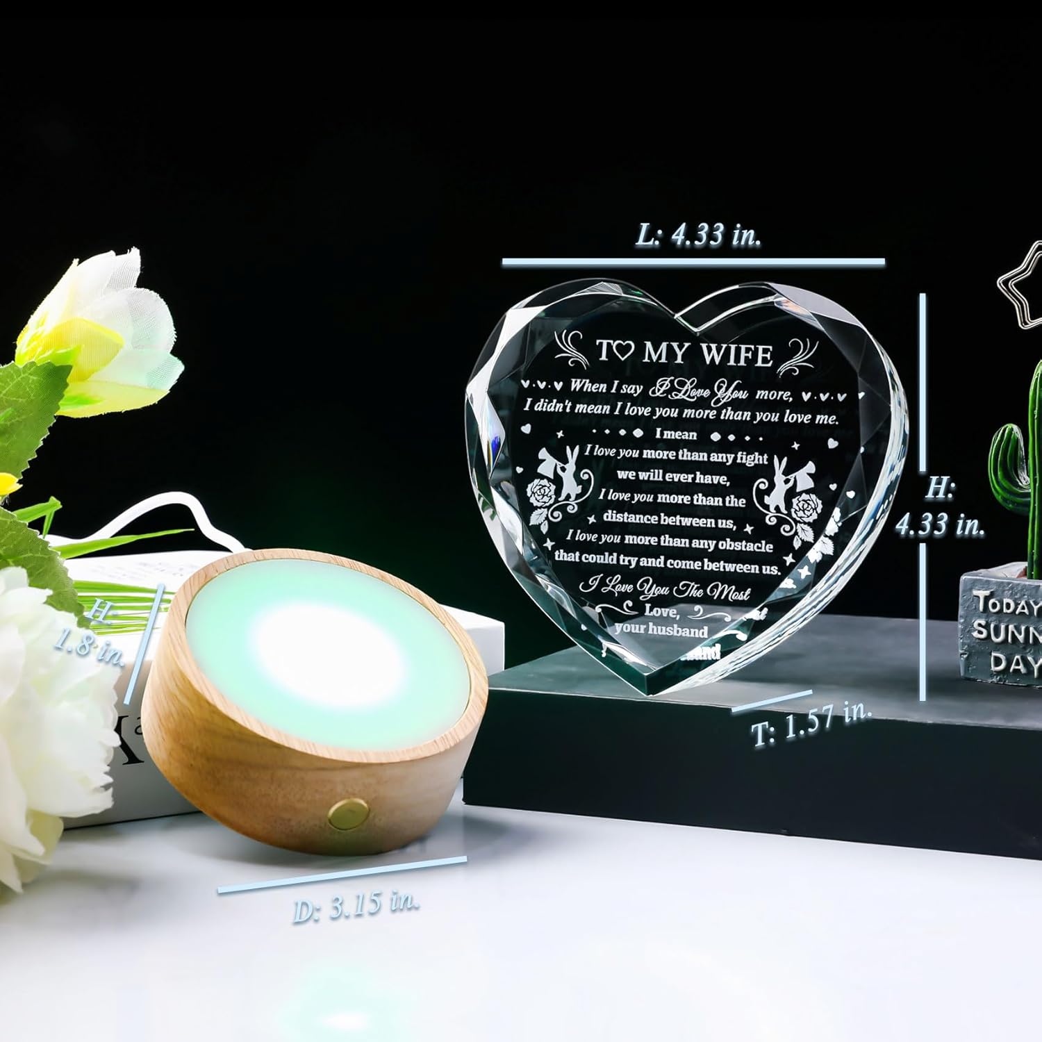 YWHL Heart Crystal Gifts for Wife from Husband, Wife Birthday Gifts, Romantic I Love You Gifts for Wife with Colorful Led Base, Valentine's Day Wedding Anniversary Present Ideas for Wife - Image 4