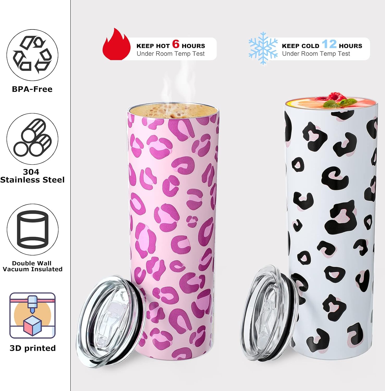 Qualirey 2 Pieces 20oz Cups Triple-Insulated Stainless Steel Tumbler Cute White and Black Stainless Steel Tumbler with Lid Stainless Steel Straw and Cleaning Brush (Leopard Print Style) - Image 5