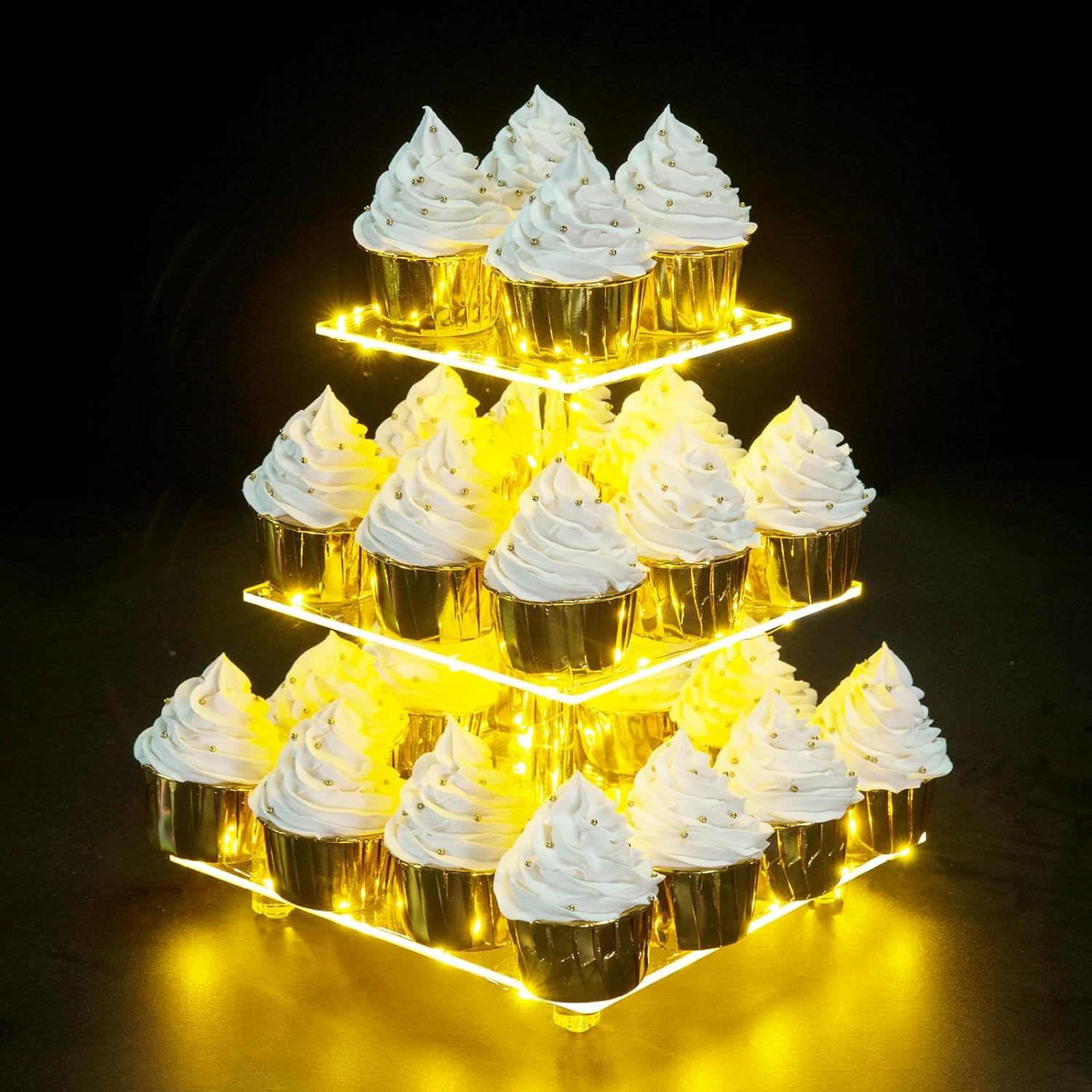 Présentoir Cupcake 3 Étages LED Rechargeable En Acrylique Transparent - Support Gâteau Lumineux Pour Fêtes