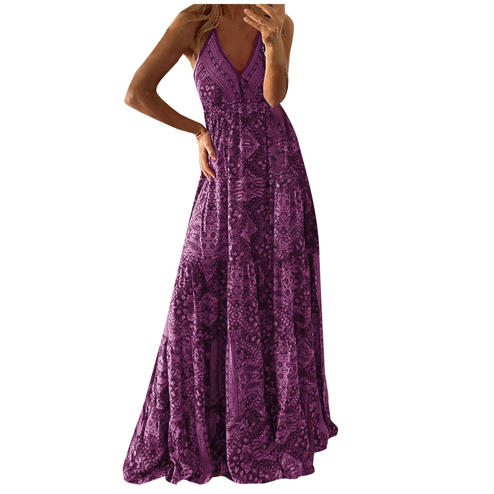 AnnSemo Vestido elegante para mujer, sin mangas, manga corta, cuello en V, estampado de flores, bohemio, largo, plisado, vestido de verano para mujer, vestido de túnica acampanado