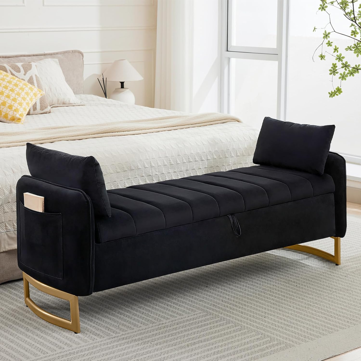 66" End of Bed Storage Bench King Size, Velvet Storage Benches for Bedroom Foot of Bed, Upholstered Storage Ottoman Bench with Golden Legs and Pillow for Living Room Window Entryway, Black