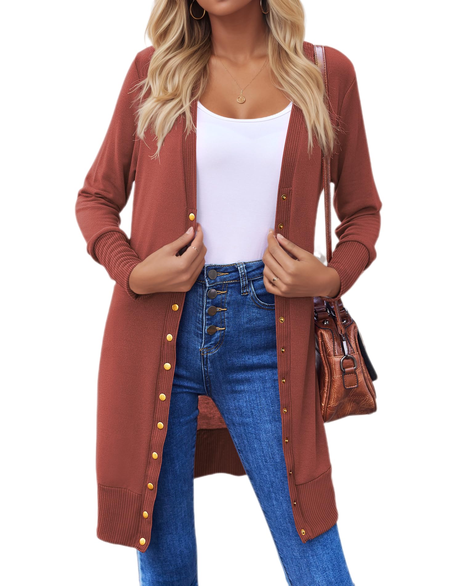 Halife Womens Long Sleeve Cardigans Lightweight Ribbed Neckline Soft Knit Cardigan Sweater with Buttons