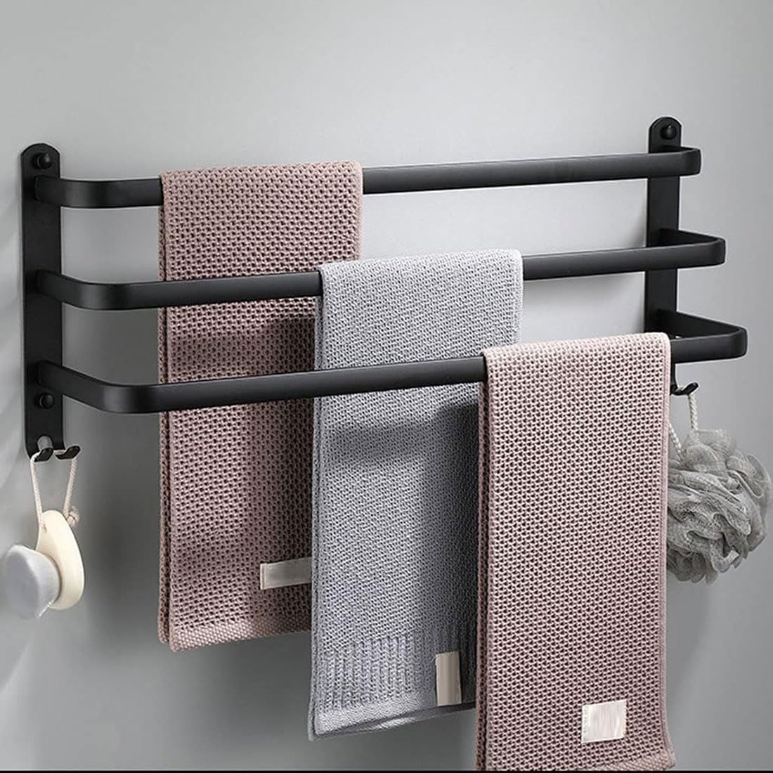 Nvdsivee Black 3 Layer Towel Rack Holder Wall Mounted Space Aluminum Towel Rail Towel Bar Stands For Bathroom Hotel Kitchen (60Cm, )