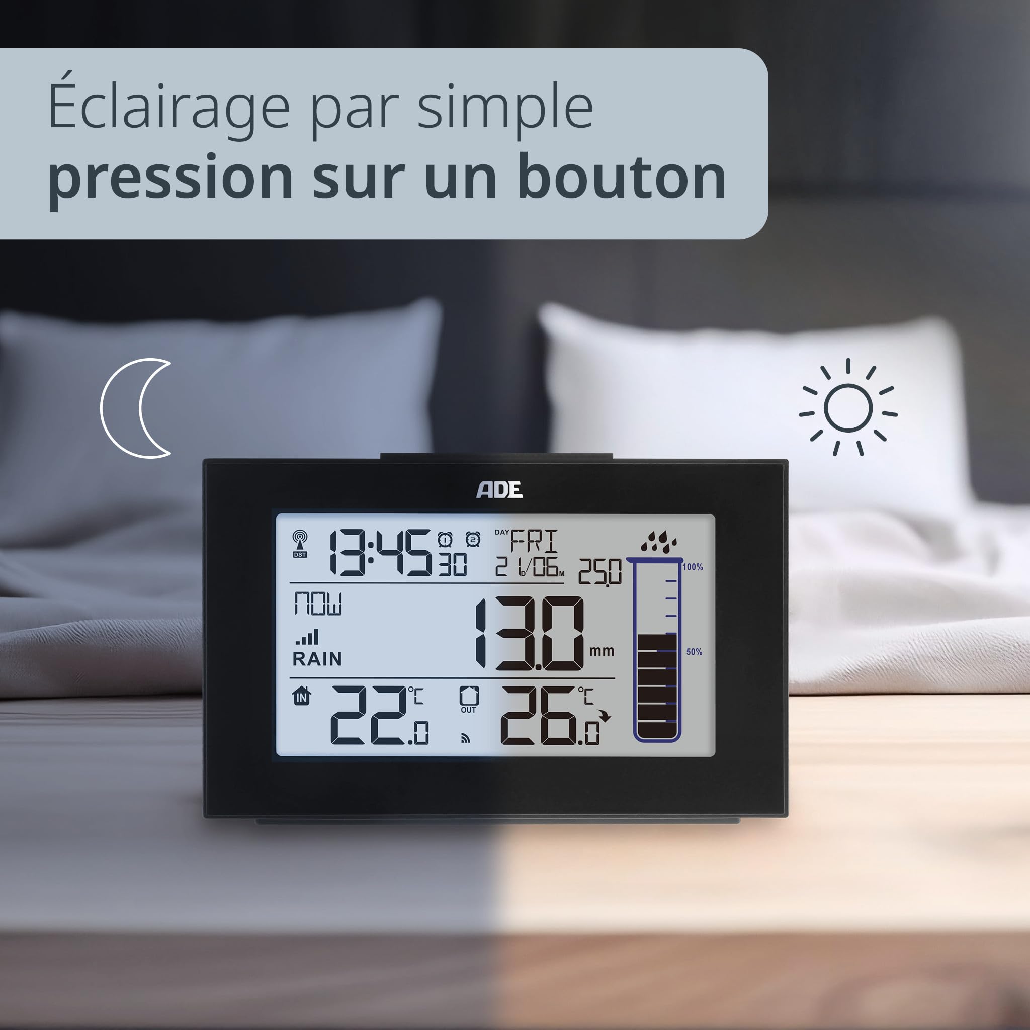 ADE Pluviomètre exterieur jardin | resistant au gel | station météo avec thermomètre interieur et exterieur sans fil | horloge radiopilotée avec 2 heures de reveil | affichage de la date | piles incl.