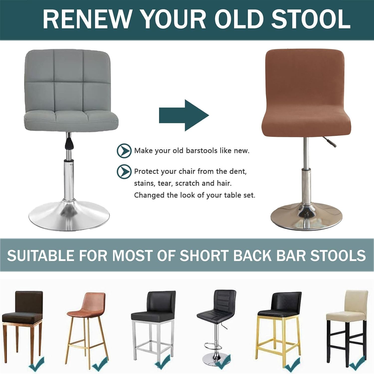 Velvet Bar Stool Covers with Backs 2 Pack, Stretch Swivel bar Stool seat Covers Removable Stool Cover with Elastic Bottom for Kitchen Bar Counter-Coffee-2 Pack