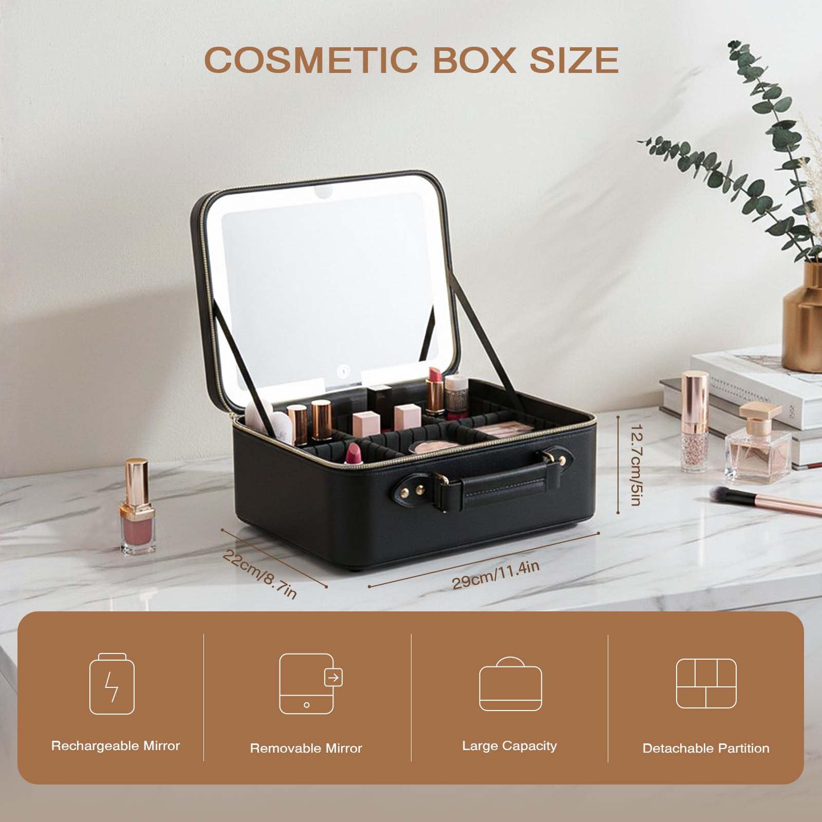 Prite Beauty case con specchio a LED, 3 modalità di illuminazione, luminosità regolabile, custodia da viaggio con divisori regolabili e porta pennelli, borsa organizer portatile per truccatori da