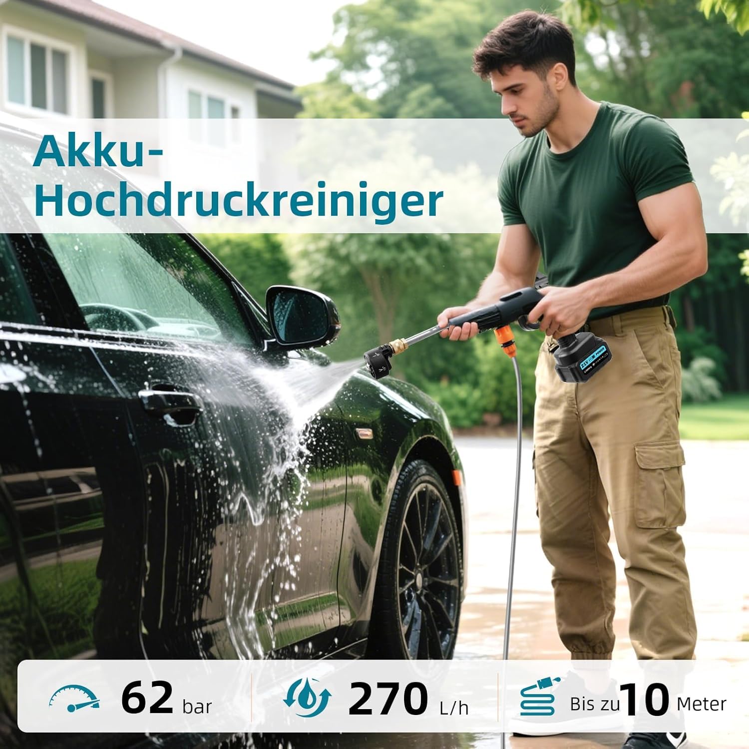 Viugreum Akku Hochdruckreiniger, 100Bar Hochdruckpistole Wasserpistole, Tragbarer Hochdruckreiniger Autowäsche mit 6-in-1-Multifunktions Düse, 2x 21V Batterien, 5m Schlauch für Auto, Terrasse, Fenster