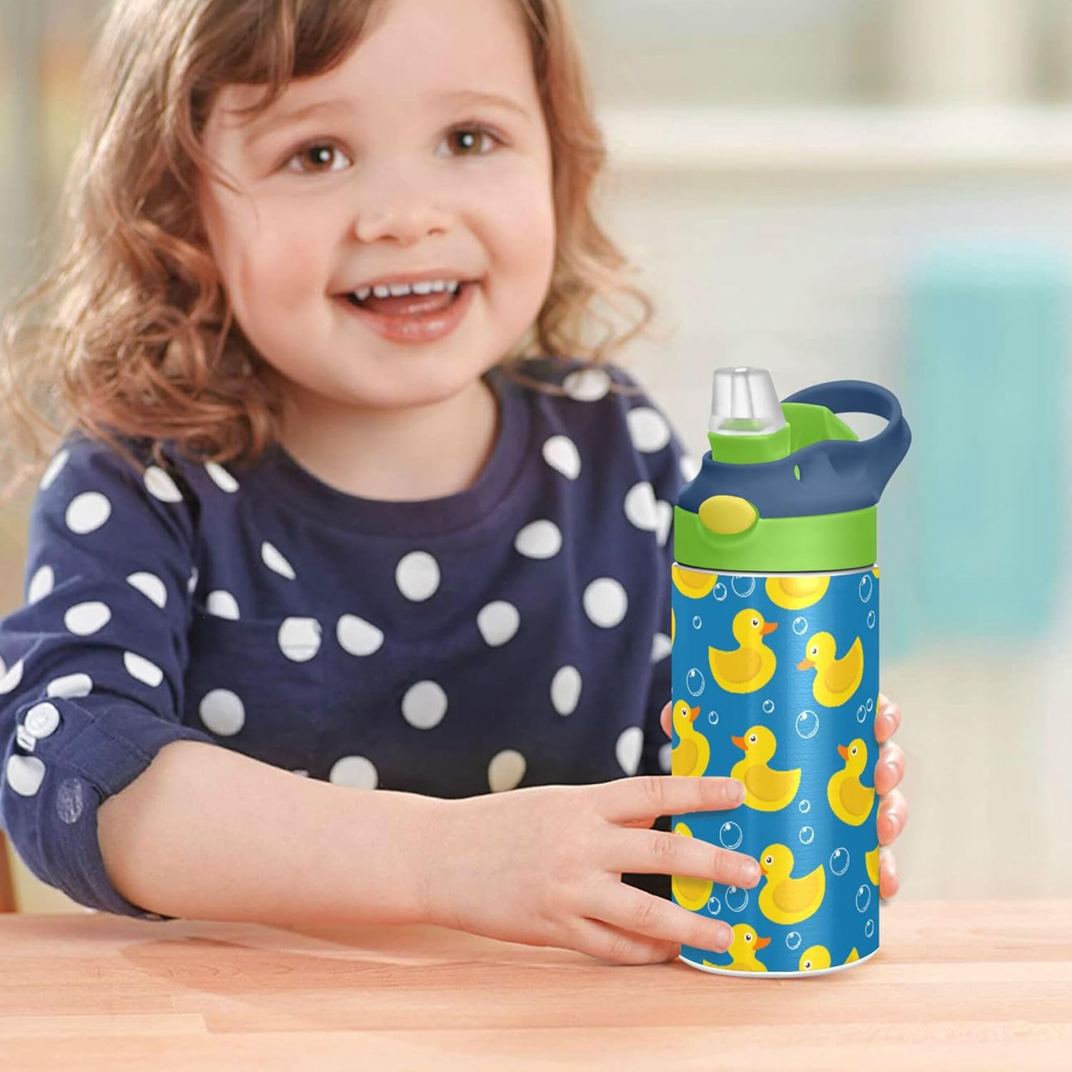 Yellow Duck Bath Bubble Kids Water Bottle with Straw and Carry Handle Blue School Vacuum Insulated Stainless Steel Sports Bottles Leak-Proof for Boys Girls Toddler 12 oz Green Lid - Image 7